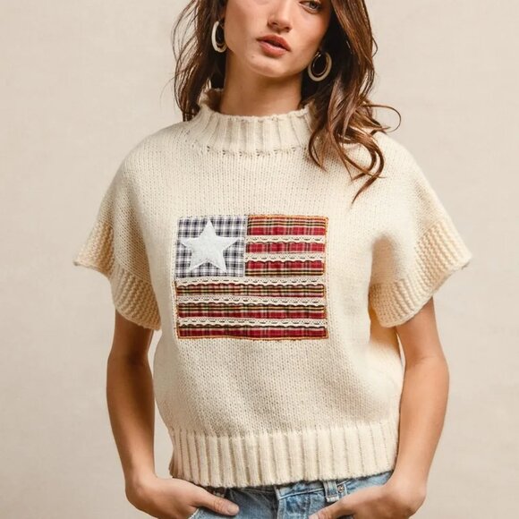 BiBi American Flag Patchwork Drop Shoulder‎ Sweater - Picture 10 of 15